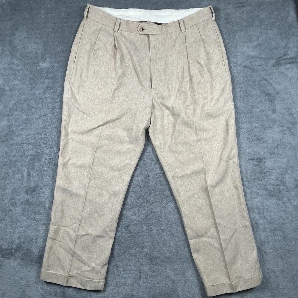Jos A Bank Travelers Pants 40x29 Beige 100% Linen Pleated Cuffed Summer Coastal